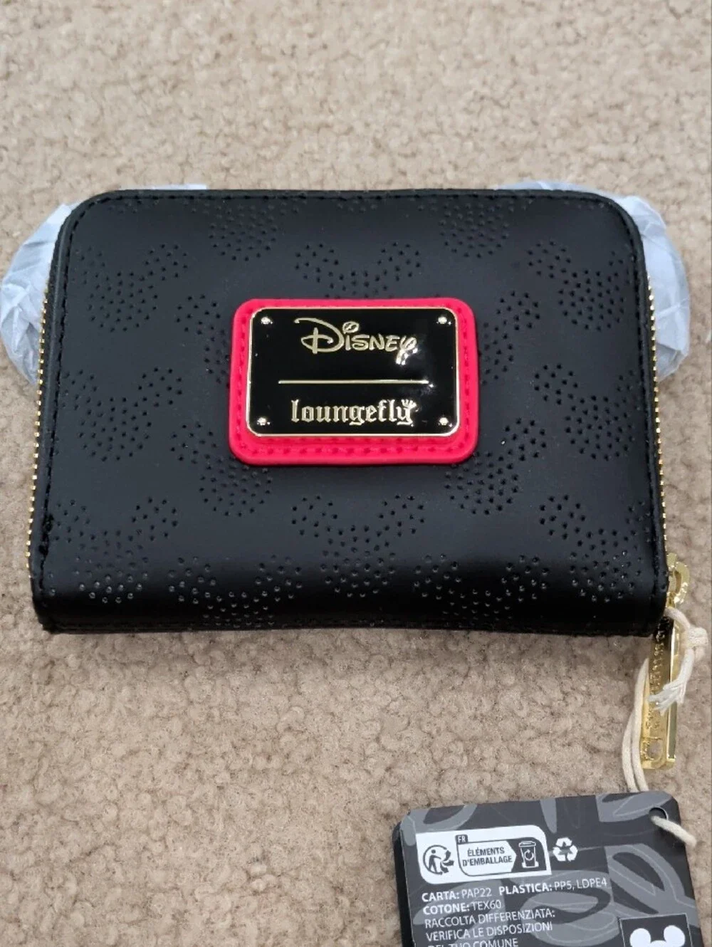 Loungefly Black Perforated Mickey Ear Zip Wallet with Gold Hardware